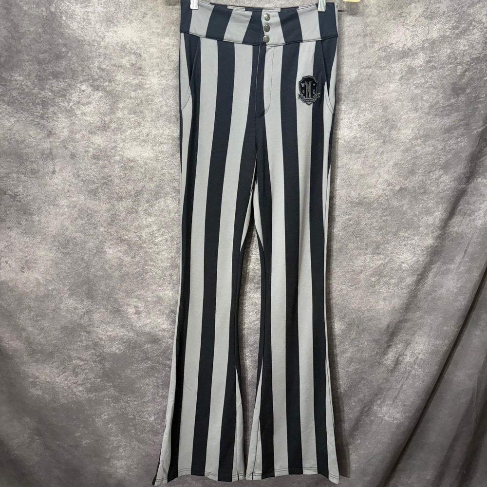 Killstar & Wednesday Collab Striped Flare Pants Size L Black Grey Bell Bottoms